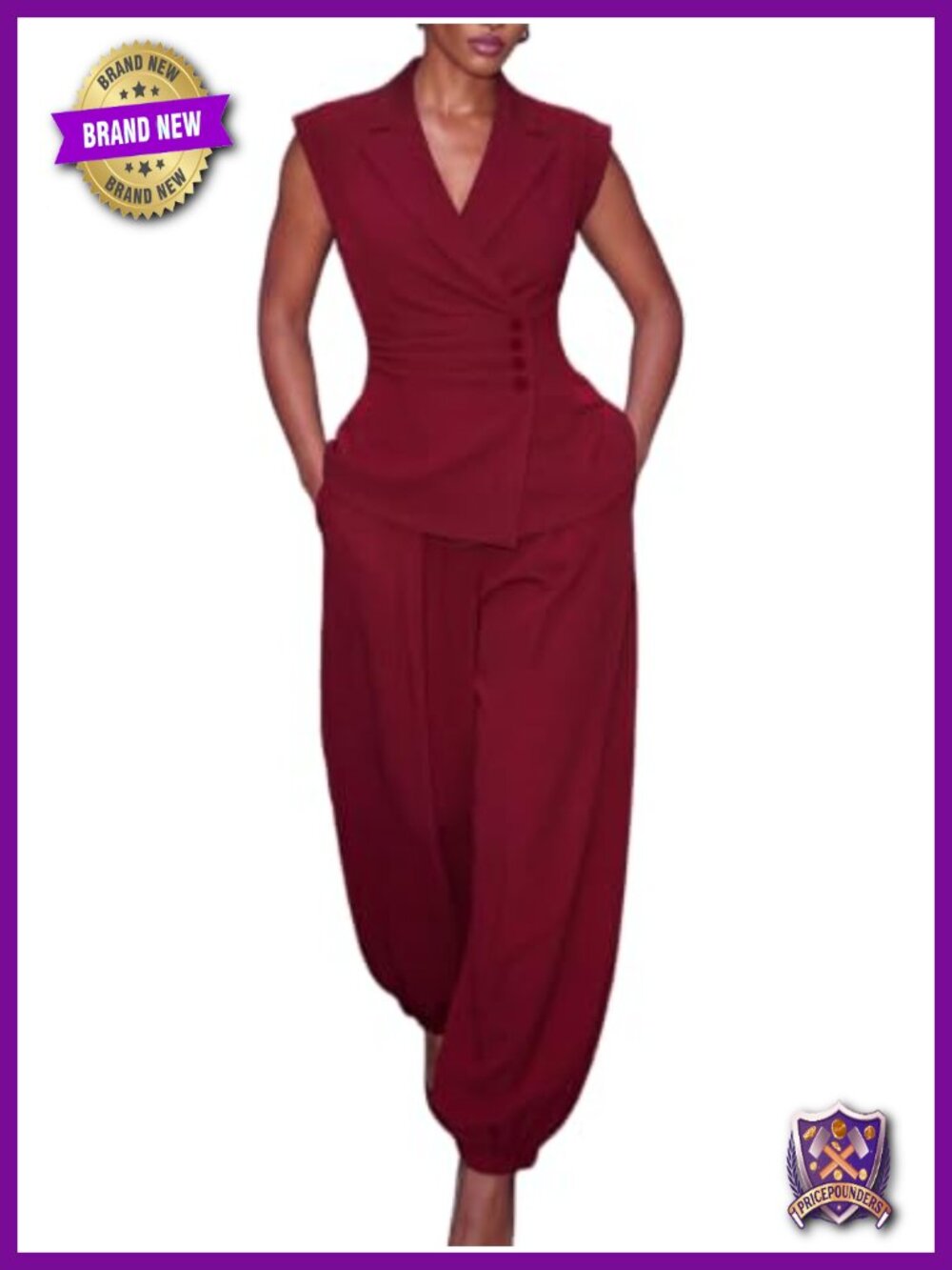 2 Piece Blazer Set Sleeveless Vest Palazzo Pants Pockets Business Suit